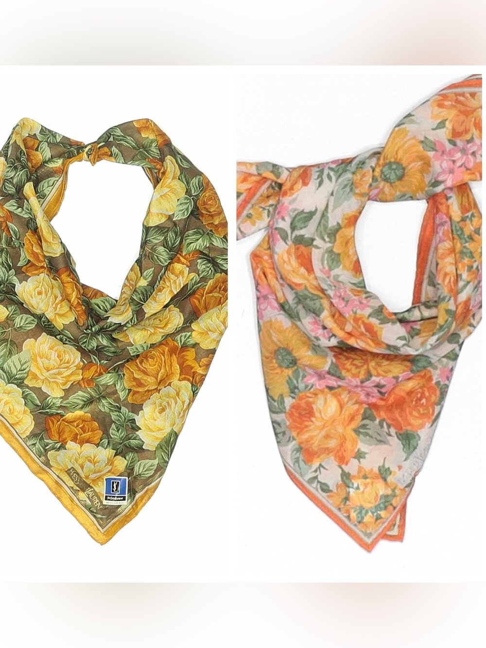 🤎2 VTG YSL Yves Saint Laurent Floral Fall Designer Silk Square Scarves Bundle